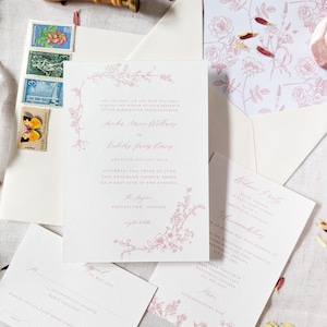 Blush Floral Wedding Invitations, 5 Piece Semi-Custom Wedding Suite, Timeless Wedding Invites,