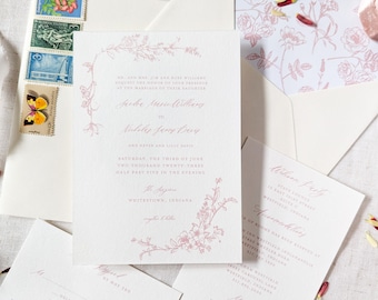 Blush Floral Wedding Invitations, 5 Piece Semi-Custom Wedding Suite, Timeless Wedding Invites,