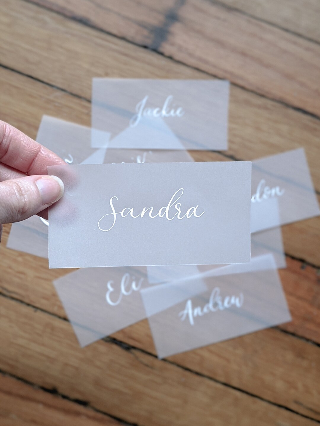 Custom Vellum Wedding Place Cards With White Ink Calligraphy