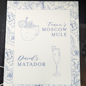 Light Blue Chinoiserie Wedding Reception Signature Cocktail Sign with Floral Border, Luxury Wedding Decor, 8x10 Wedding Bar Sign