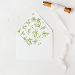 Afdrukbare groene bloemmotief envelopvoering voor A7 Euro flap-envelop, digitale download bruiloft envelopvoering