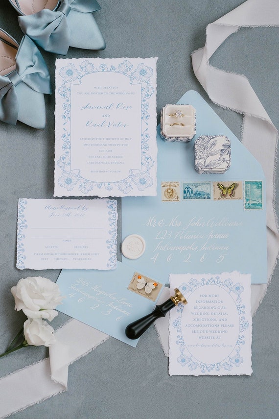Blue Floral Wedding Invitation Suite: Chinoiserie Invite Set