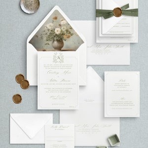 Semi-Custom Green Monogram Wedding Invitations, Luxury Wedding Invitation Suite, Bespoke Wedding Invites, Traditional Wedding Invitation