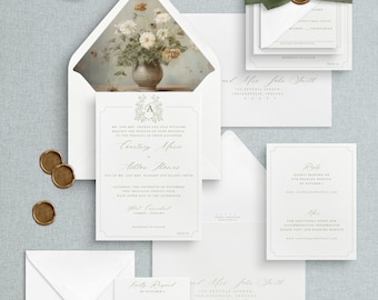 Green Monogram Wedding Invitation Suite: Elegant Bespoke Design