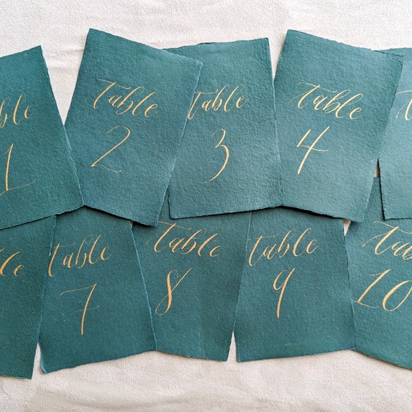 Dark Green Handmade Paper Table Numbers | Emerald Green Table Numbers Wedding Reception | Personalized Table Numbers | Deckled Edge Table #s