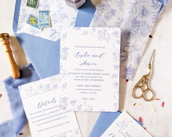 Blue Floral Wedding Invitation Suite, Bridgerton Inspired Invites, Timeless Wedding Invitations, Blue Wedding Invites, Semi-Custom Invites