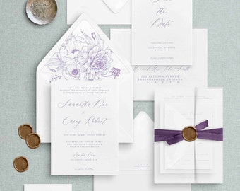 Purple Floral Wedding Invitation Suite: Semi-Custom Elegant Invites