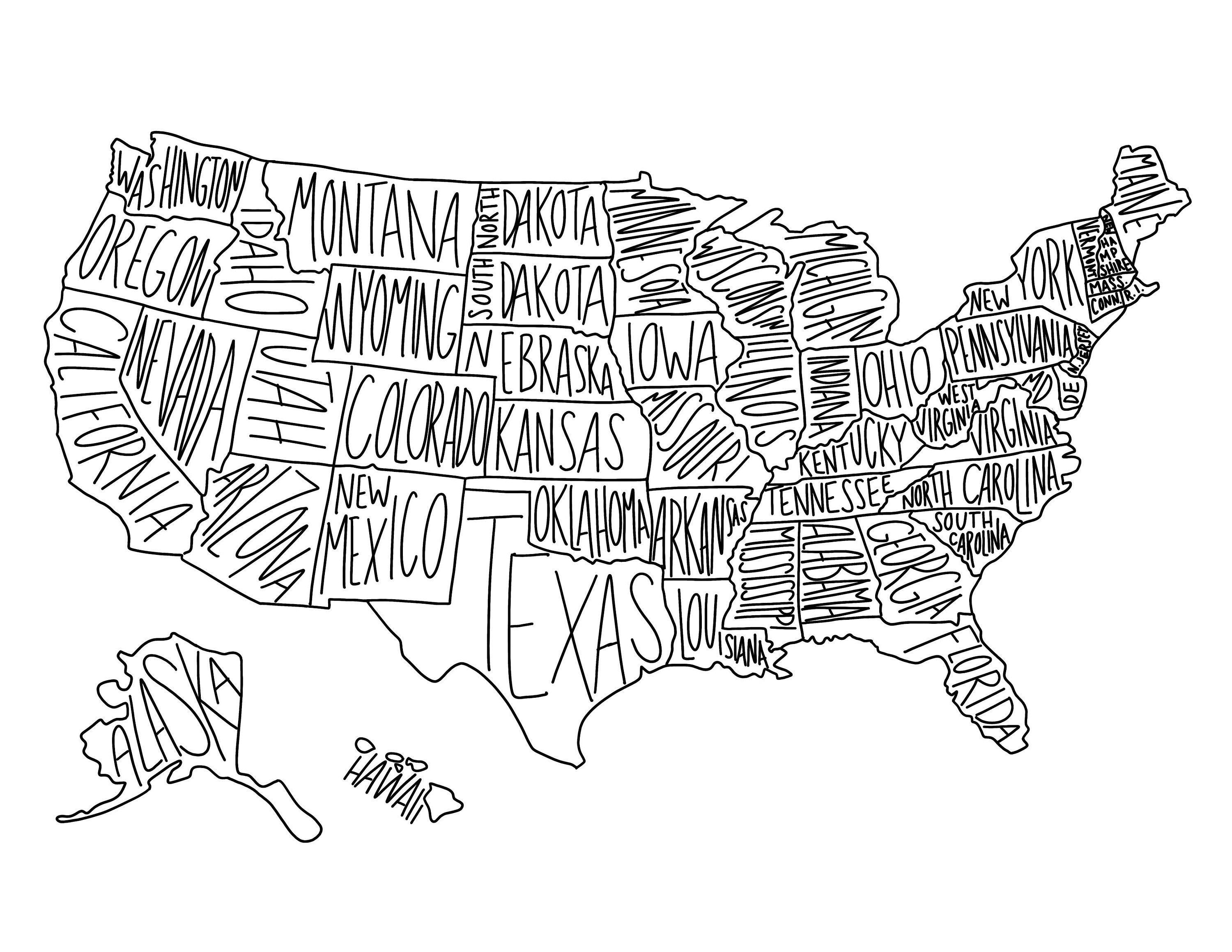 usa map with states black and white