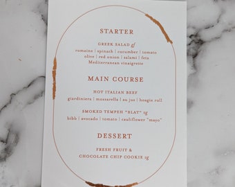 5x7 Rust Wedding Menu, Terra Cotta Food Menu, Rose Gold Foil Wedding Menu