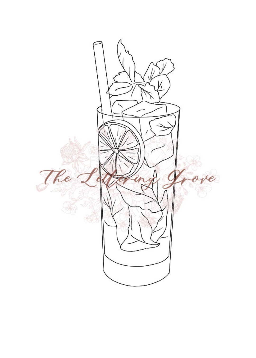Line Drawing Raspberry Mojito Mojito Line Art: Wedding Bar Sign Cocktail Illustration (digital ...