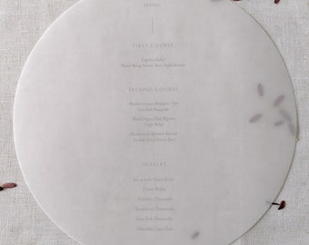 10" Vellum Wedding Menu: Transparent Circle, Light Grey Ink