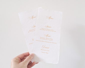 Handmade paper, mustard yellow wedding menus