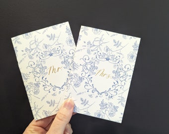 Chinoiserie Wedding Vow Books w Gold Calligraphy, Floral Vow Booklets, Wedding Ceremony Blue Books, Personalized Vow Books, Hand Written Vow