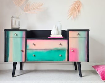 Vintage Mid Century Abstract SIDEBOARD Upcycled Furniture Storage Cabinet Art PASTEL