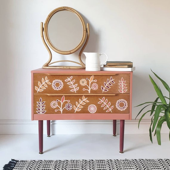 For Sale Retro Vintage Mid Century Hand Painted Floral Teak Etsy