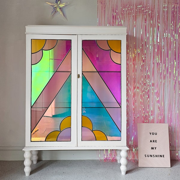 VINTAGE stained glass 1930s Drinks CABINET Pastel art Deco pink IRRIDESCENT Barbie Core