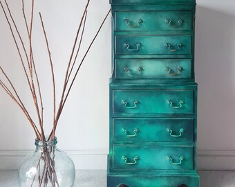 Vintage Hand painted Tall Chest of Drawers Green Bedroom Storage Rustic