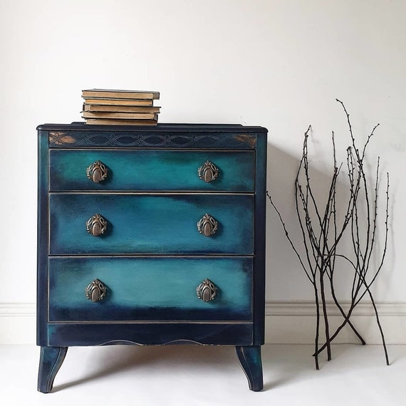 Vintage Painted Blue Ombre Watercolour Chest Of Drawers Etsy