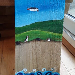 Shetland island puffins, hand painted birds onto recycled wood board.