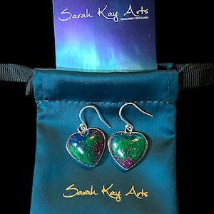 Aurora borealis love heart earrings, studs or dangly glow in dark. Original Resin jewellery for you to own Aurora borealis! Valentines gift!