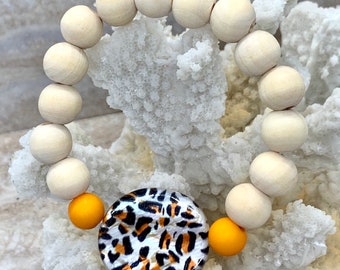 Wood Bead Bracelet with Clemson TIGER Animal Print Focal Disc Bead. African Jewelry, Bobo Style Stackable Stretchy Beaded Bangle FREE SHIP