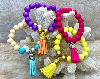 Little Girl’s Bracelet, Colorful Kid’s Wood Bead Bracelet with Tassel, Children’s Stretch Stacking Wristlet, Beaded Bracelet,