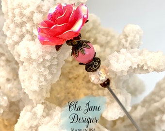 Hot Pink Rose Cluster Victorian Antique Inspired Hat Pin, Kentucky Derby Hatpin, Lapel Stick Pin, Hijab Scarf Pin Antique Bronze Filigree
