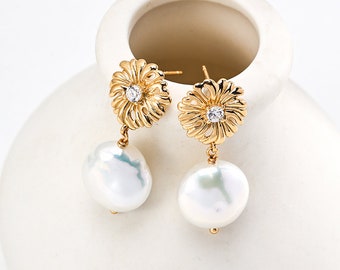 Antique Style Pearl Drop Earrings with Flower Detail CloversWish