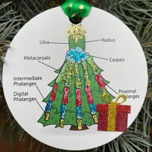 Puede incluir: Un adorno redondo blanco con forma de &aacute;rbol de Navidad con una caja de regalo roja y dorada en la parte inferior. El &aacute;rbol est&aacute; decorado con purpurina dorada, roja y azul. El adorno tiene los nombres de los huesos de la mano humana escritos en &eacute;l.