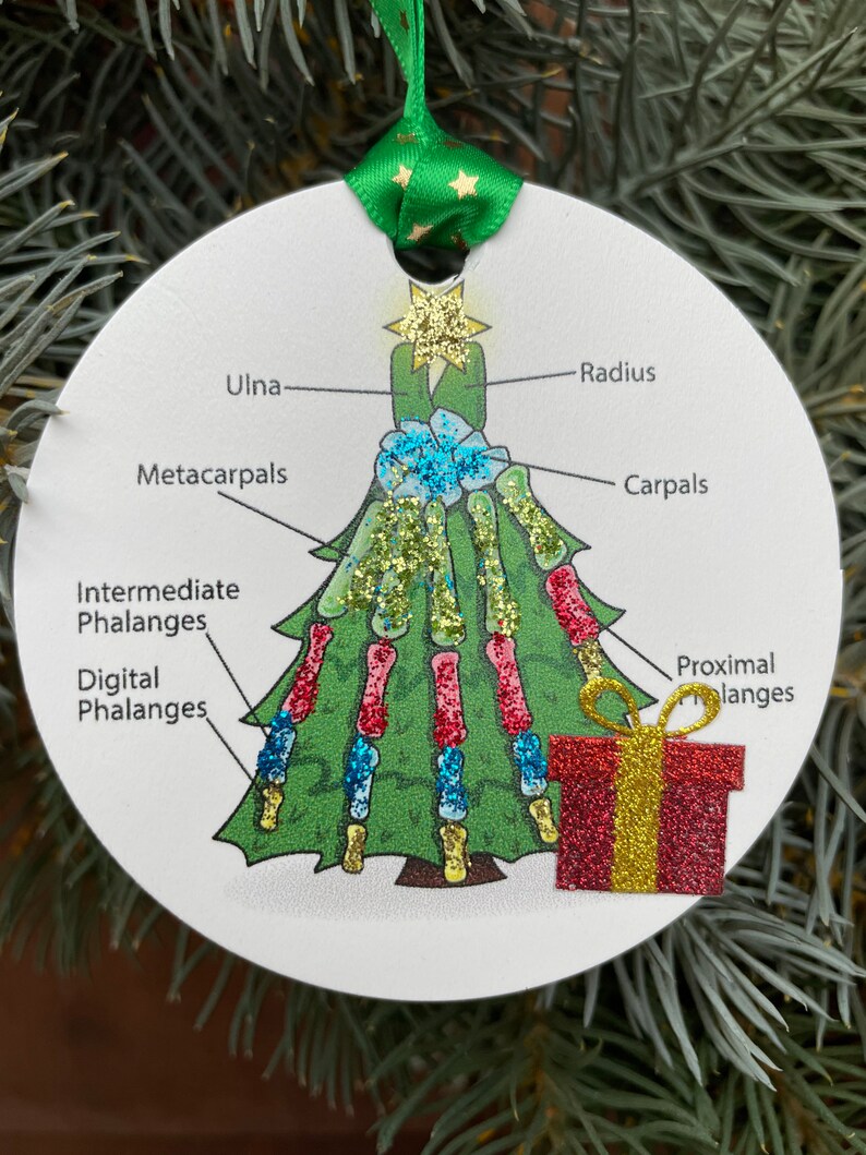 Puede incluir: Un adorno redondo blanco con forma de &aacute;rbol de Navidad con una caja de regalo roja y dorada en la parte inferior. El &aacute;rbol est&aacute; decorado con purpurina dorada, roja y azul. El adorno tiene los nombres de los huesos de la mano humana escritos en &eacute;l.