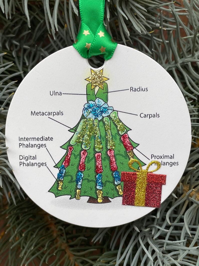 Puede incluir: Un adorno redondo blanco con forma de &aacute;rbol de Navidad con una caja de regalo roja y dorada en la parte inferior. El &aacute;rbol est&aacute; decorado con purpurina y tiene los huesos de una mano etiquetados con t&eacute;rminos anat&oacute;micos como "Ulna", "Radio", "Carpos", "Metacarpos", "Falanges intermedias", "Falanges digitales" y "Falanges proximales".