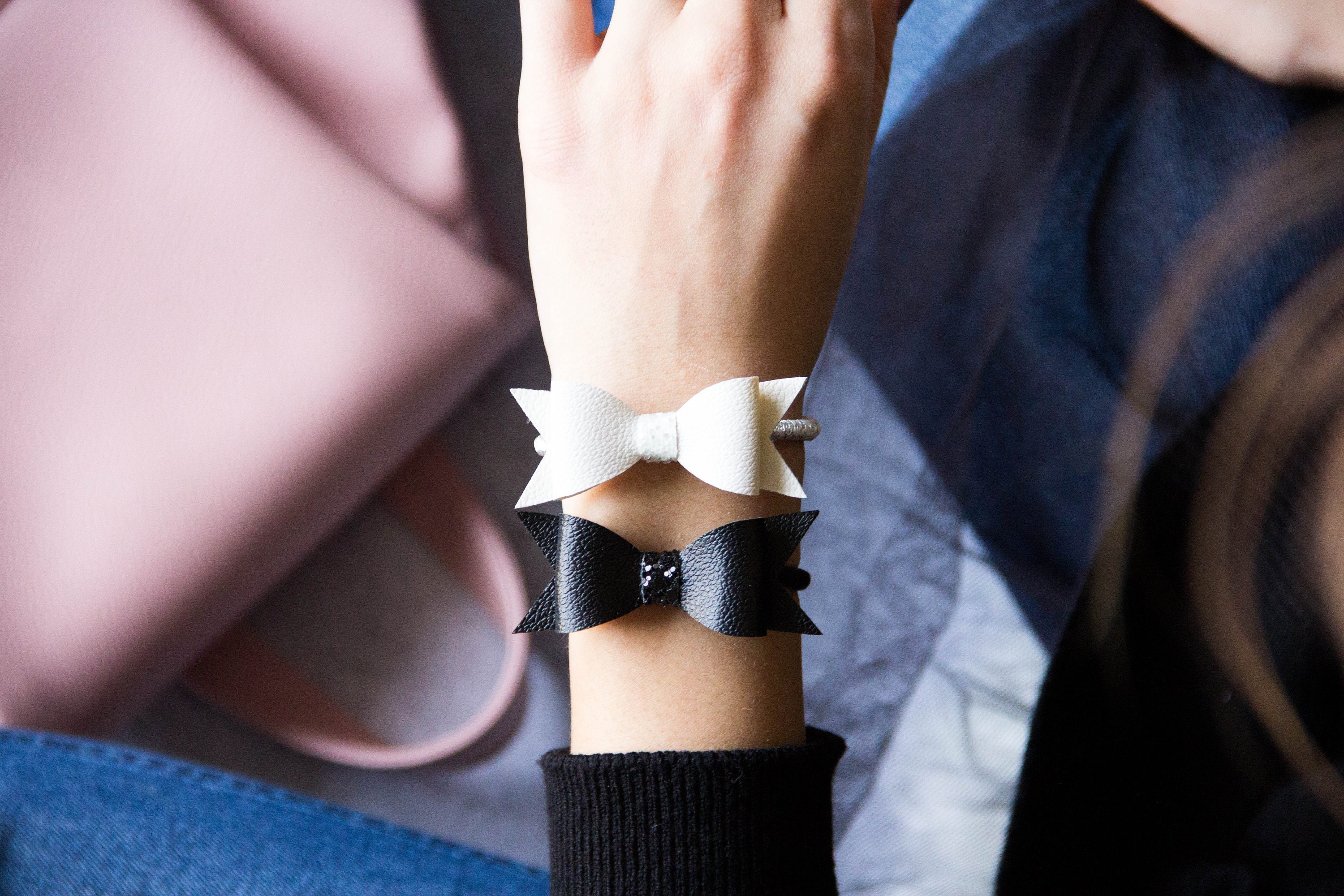 Two Black White Glitter Hair Bows Hair Tie Bracelets Etsy