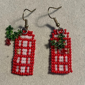 Beaded peyote british phone booth earrings with holly.