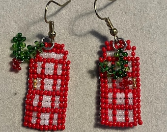 Beaded peyote british phone booth earrings with holly.