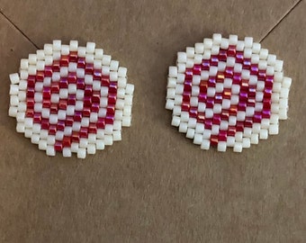 Brick Stitch White And Red Pinwheel Cookie Earrings.