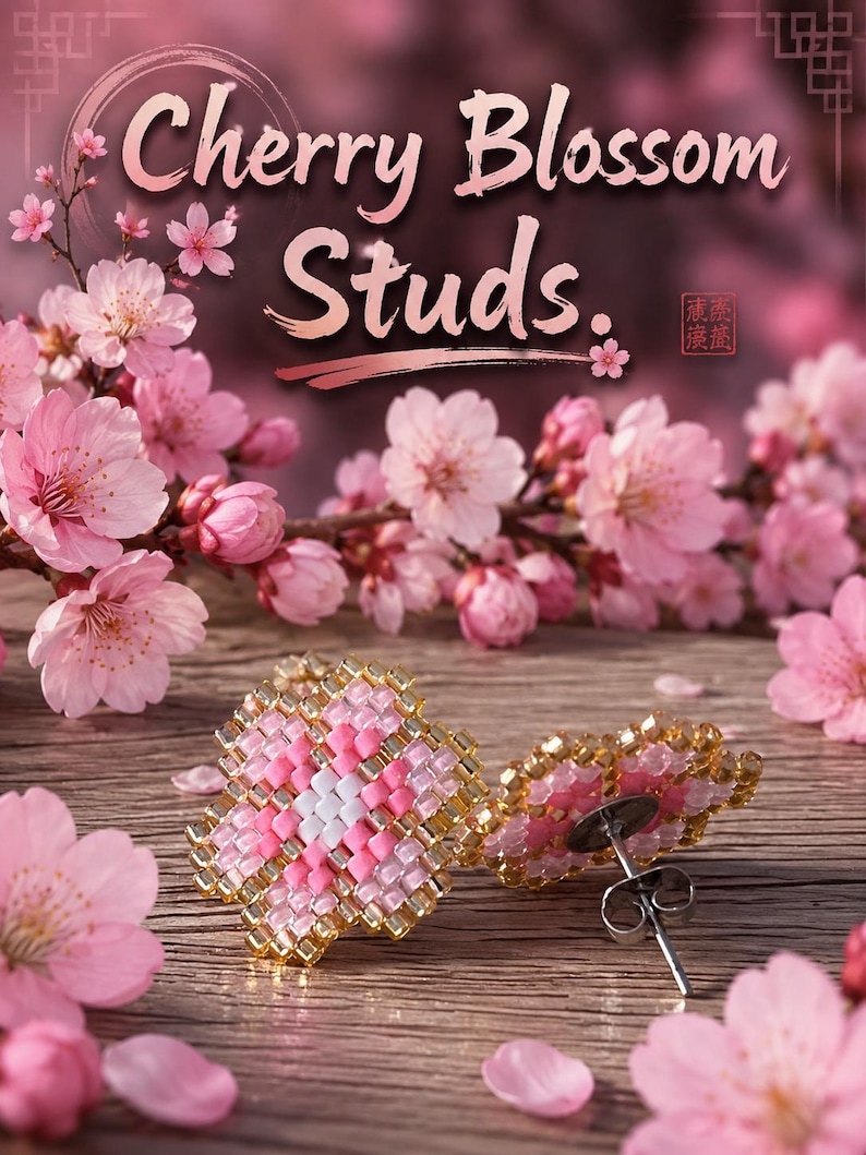 May include: A pair of stud earrings crafted from small pink, white, and gold beads arranged in a five-petaled flower shape. The text "Cherry Blossom Studs" is displayed above the earrings, which are surrounded by pink cherry blossom flowers.