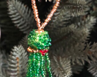 Beaded Green and Gold Tassel Ornament.