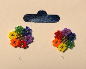 Beaded rainbow flower stud earrings.