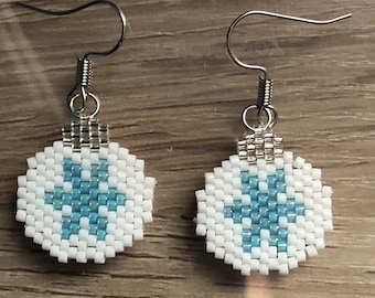 Brick Stitch Snowflake Christmas Ball Earrings.