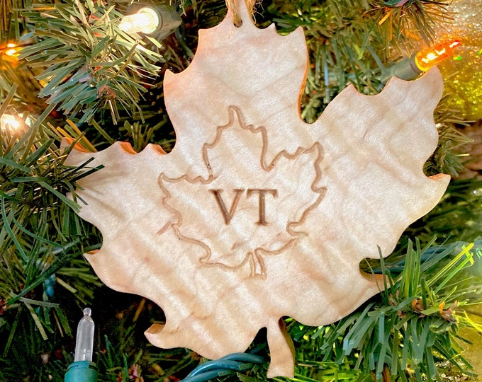 Featured listing image: Maple Leaf Ornament, Vermont Curly Maple Wood Ornament - Add a Custom Logo on Orders of 10 or More