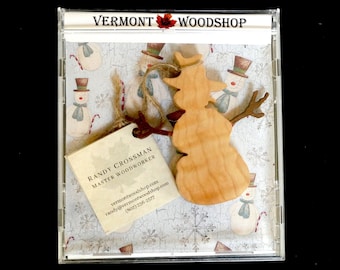 Winter Snowman Ornaments, Vermont Curly Maple Ornaments, Wooden Holiday Keepsakes