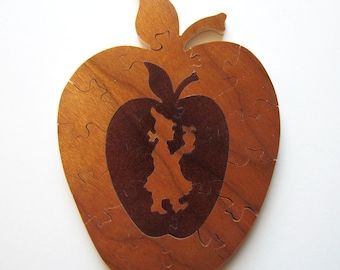 Wood Puzzle (An Apple a Day), Unique Wood Puzzle, Handmade Wood Puzzle, Vintage Wood Puzzle, Country Home Decor