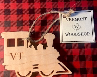 Train Ornament, Vermont Curly Maple Wood Ornament, Rustic Wooden Keepsake