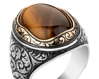 Bague Argent Chevalière Homme 17g en Argent Massif 925 Pierre Naturelle Oeil de Tigre Lithothérapie Sterling Silver Men Ring