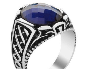 Bague Argent Chevalière Homme 8g en Argent Massif 925 Serti Zircon Bleu Marine Men Women Ring