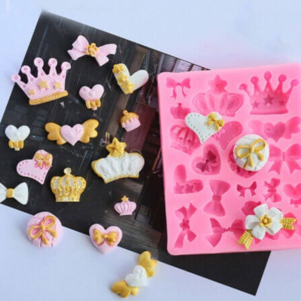 Silicone Mold Crown Knot Ribbon Flower Heart Cupcake 19 Miniature Objects for Fimo Plaster WEPAM Polyester Resin Wax Soap Clay K1131 42B65