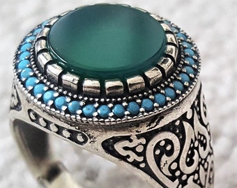 Bague Chevalière Homme Femme 8g en Argent Massif 925 Serti Agate vert et Strass Turquoise