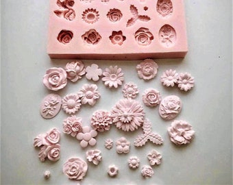 Silicone mold Set of 30 Flowers Leaves different decoration for Fimo Plaster WEPAM Resin Soap Polyester Concrete Wax Clay K057 7F480