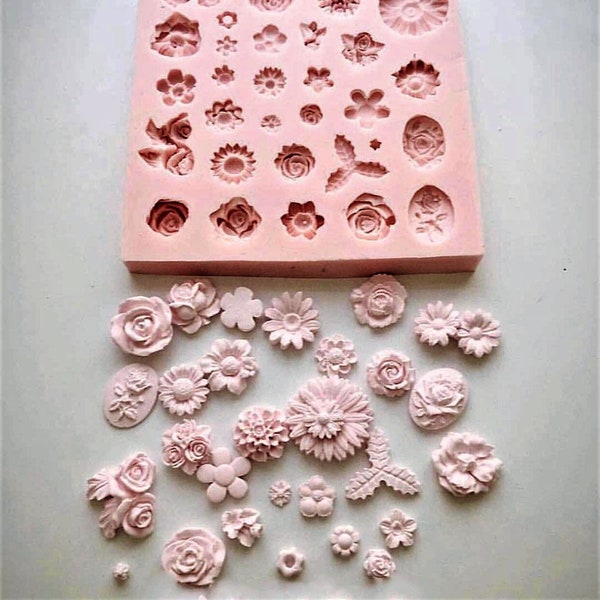 Silicone mold Set of 30 Flowers Leaves different decoration for Fimo Plaster WEPAM Resin Soap Polyester Concrete Wax Clay K057 7F480