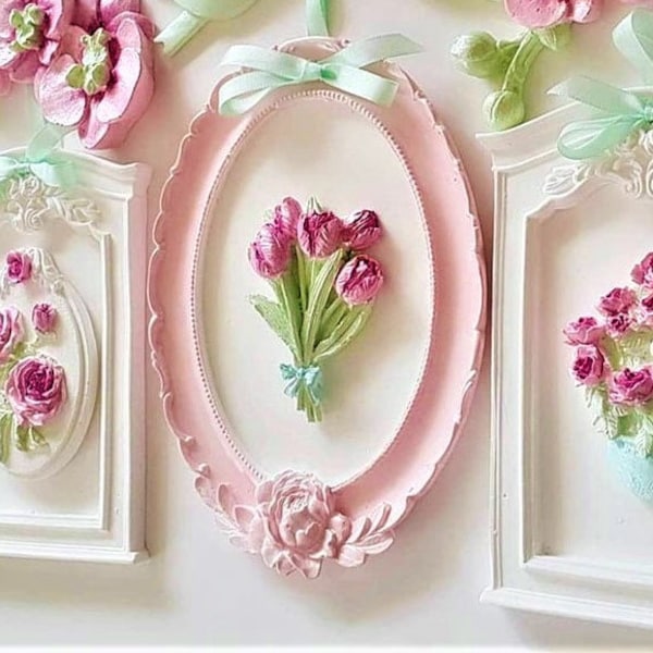 1 Silicone Mold Oval Mirror Photo Frame 19cm Rose Flower for Plaster Polyester Resin Wax Soap Cement Clay WEPAM Polymer Clay Fimo